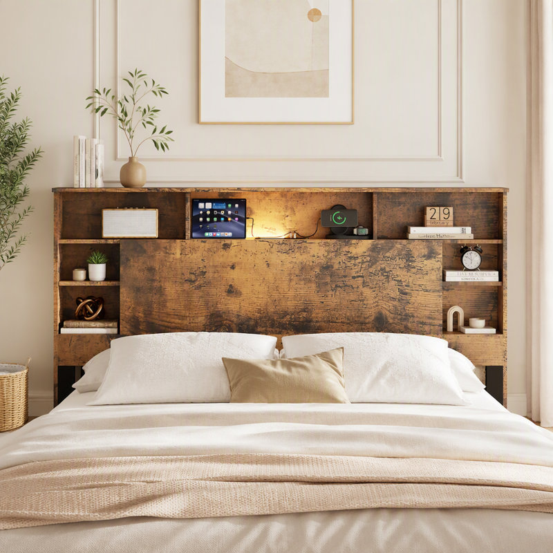 Base de lit en bois avec tête de rangement, station de charge et lumières DEL, Double
