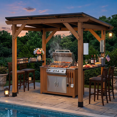 6 Ft. X 8 Ft. Cedar Wood Grill Gazebo With Usb Charging Socket, Bottle Opener And Paper Towel Holder, Galvanized Steel Roof And Dual Metal Bar Counters For Outdoor Patio, Backyard, Garden Grill Station