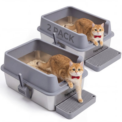 2PACK Stainless Steel Litter Box, Extra Large Litter Boxes for Big Cats, XXL Metal Cat Litter Box with Lid High Sides, Anti-Urine Leakage, Non-Sticky, Scoop Included, Gray
