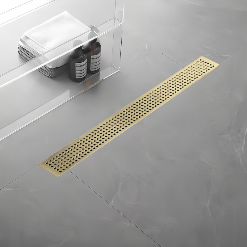 24 In. Stainless Steel Linear Shower Drain With Square Pattern Drain Cover In Brushed Gold, Brushed Gold