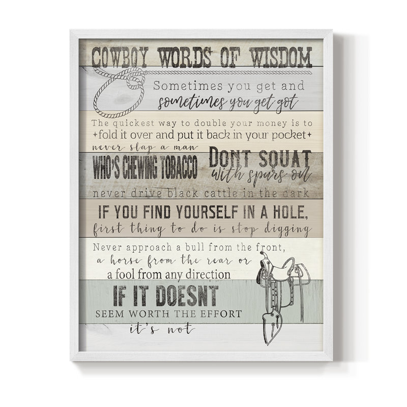 Cowboy Words Of Wisdom, reproduction encadrée - bois massif, H 15 po x l 12 po, Blanc