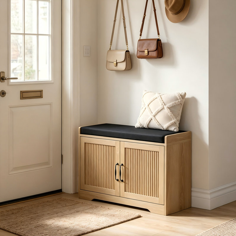 Banc de rangement pour chaussures pour hall d'entrée, avec armoire à double porte et revêtement de confort, pour entrée de hall d'entrée, naturel