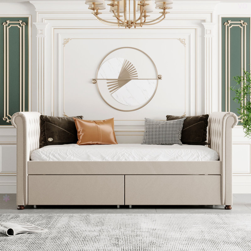 Lit de jour simple tapissier avec tiroirs, support en lattes de bois, Beige