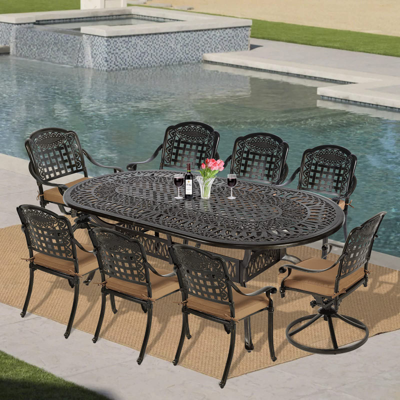 Oval 8 - Person 83.8" Long Dining Set with Cushions, Khaki, 9 Pieces: Table, 6 Chairs, 2 Swivel Chairs 