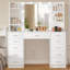 Large Dressing Table with LED Lighting and Sockets, Vanity Desk with Mirror, Drawers, Storage Shelves and Jewellery Hooks, Vanity for Bedroom, White-1050201342