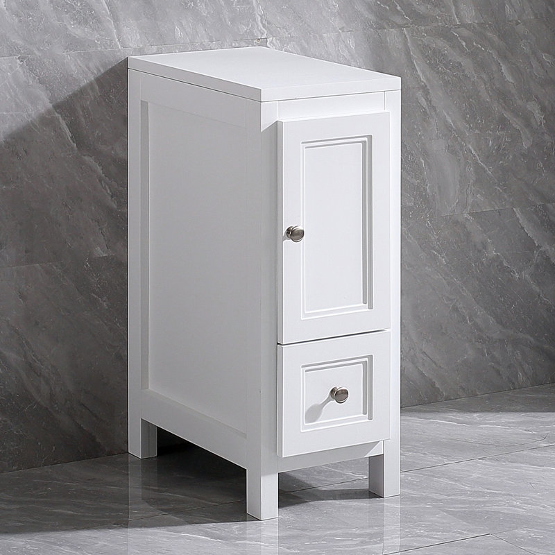 Armoire de rangement étroite blanche, armoire de plancher autoportante mince avec porte simple et tiroir, petite armoire latérale en lin pour salle de bain, toilette, buanderie, armoire compacte avec tablette réglable