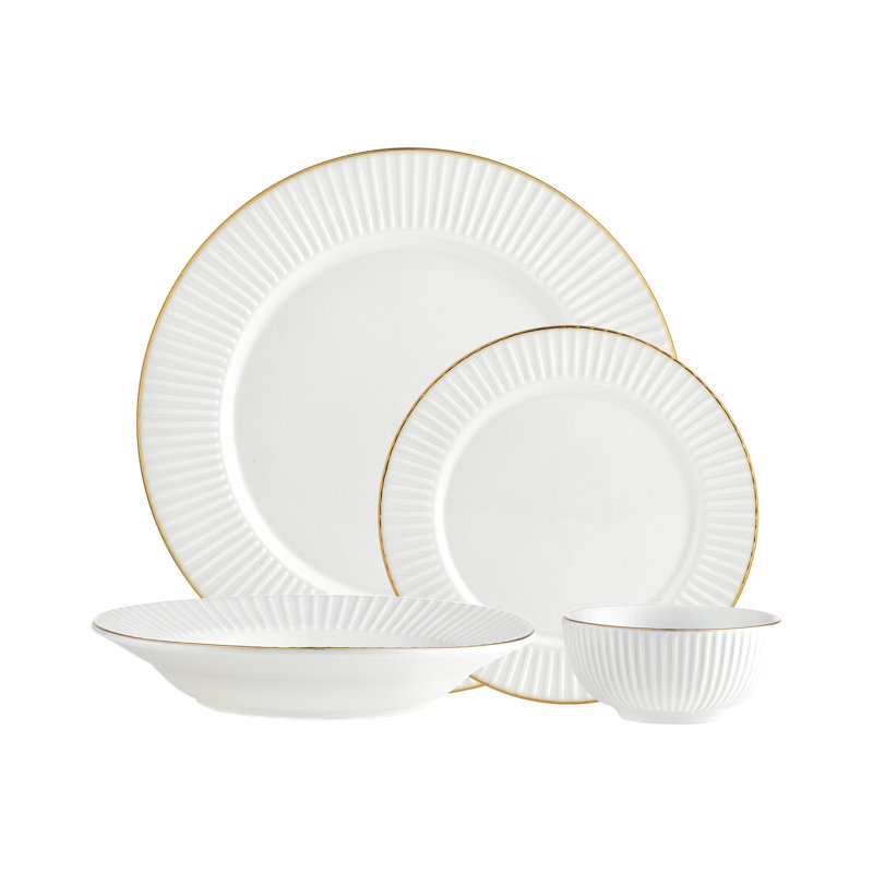 Elegant White Porcelain Dinnerware Set with Gold Rim, Service for 4