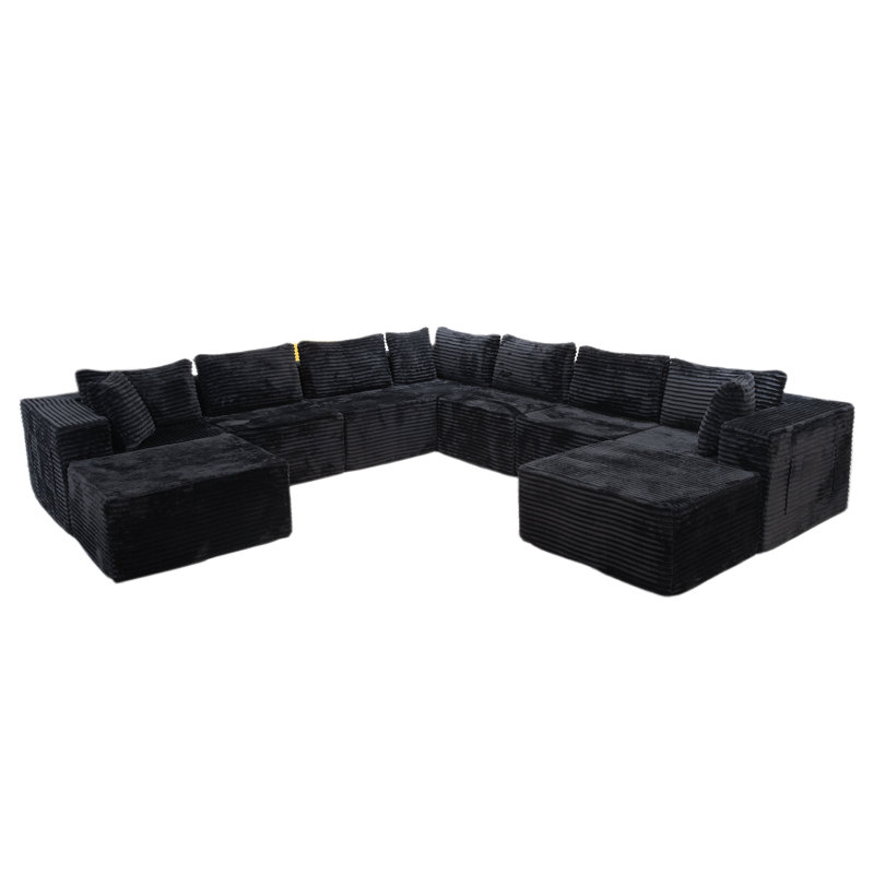 126" U-Shaped Compression Sectional For 9, Corduroy Cloud Couch, Black