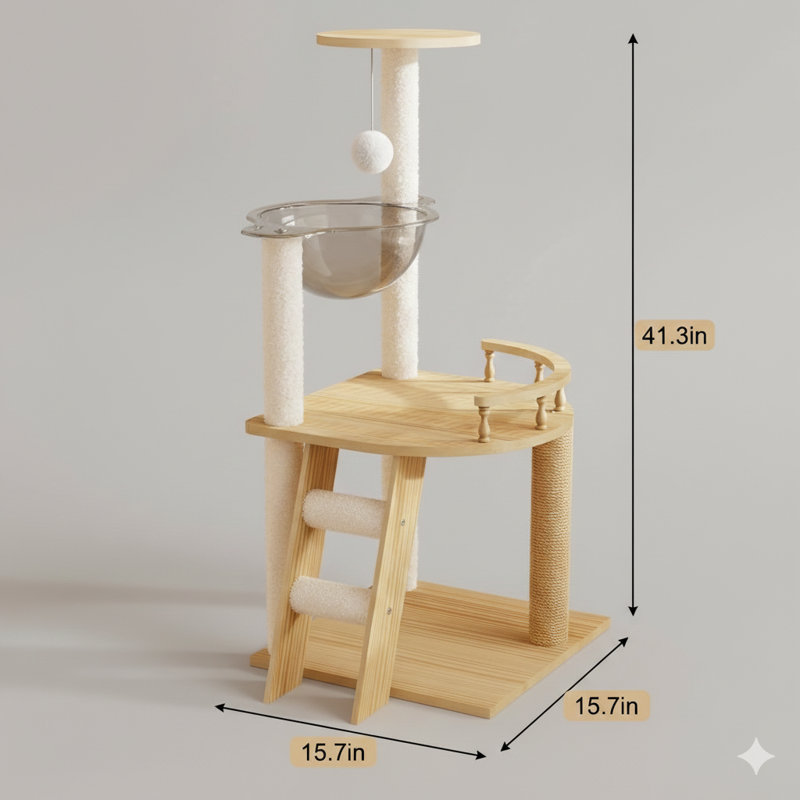 Arbre à chat moderne en bois, d'une hauteur de 41,3 pouces, conçu pour les chats d'intérieur, équipé de poteaux à griffes recouverts de sisal, d'un perchoir supérieur et d'un hamac en acrylique, convient aux petits et aux grands félins