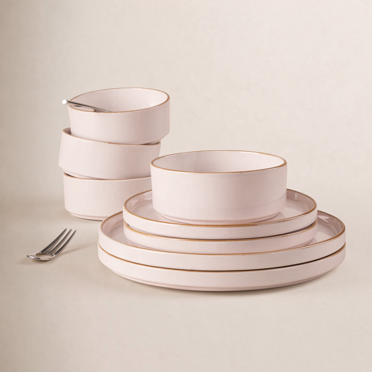Stoneware Dinnerware Set, Light Pink with Brown Rim