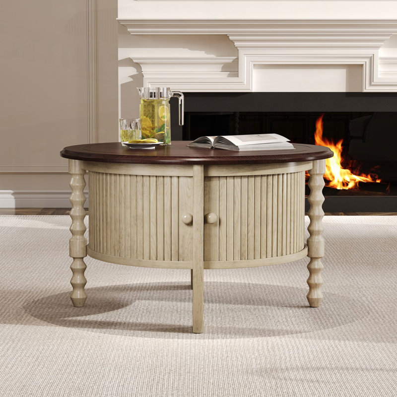 Table basse ronde avec rangement pour le salon, Beige/Espresso