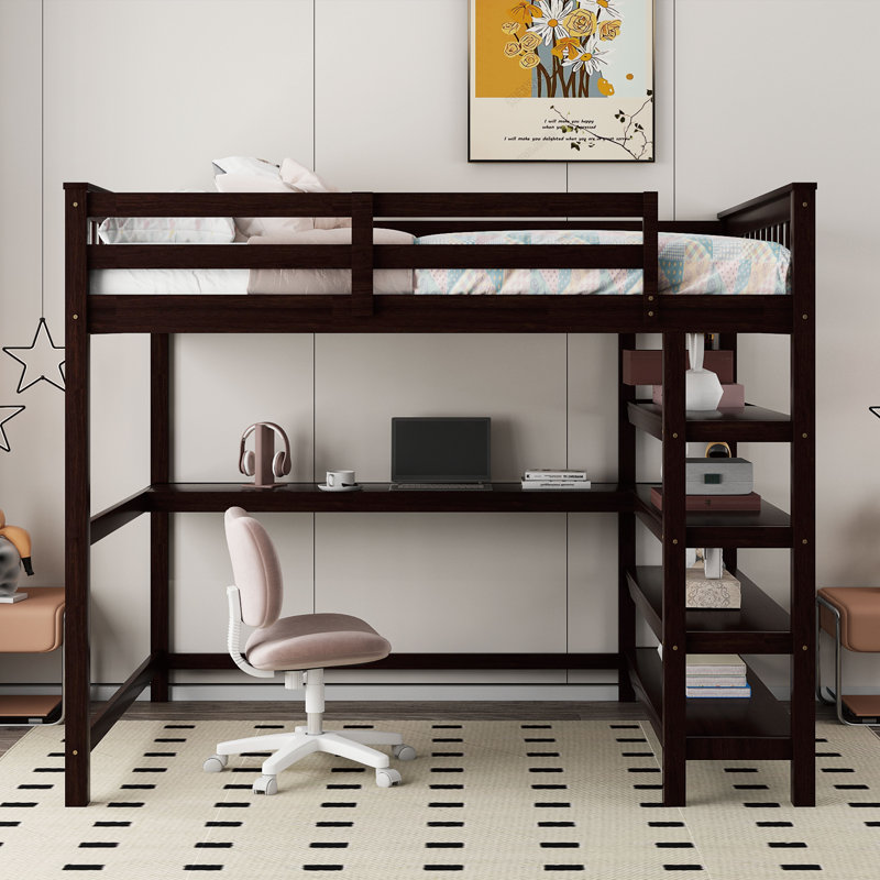 Lit mezzanine en bois massif avec tablettes Gerlean par Harriet Bee, Espresso, Double