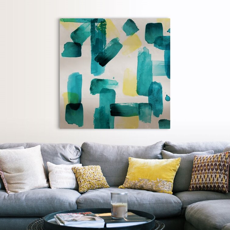 Aqua Abstract Square II by Northern Lights - Painting Print on Canvas Wrought Studio Size: 22 H x 22 W x 1.75 D, Format: Black Floater Framed Canv