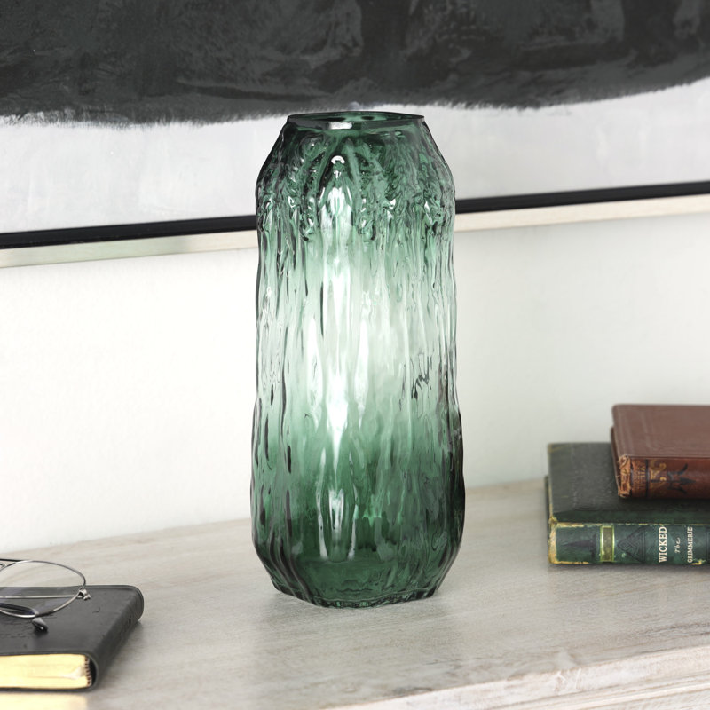 Elyzah Glass Handmade Abstract Textured Rectangular Ombre Decorative Vase, Green