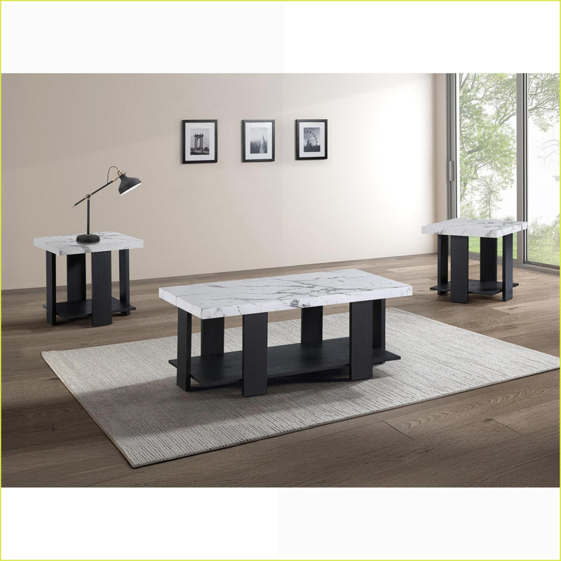 Ensemble de tables basses 3 pièces avec dessus en faux marbre blanc, fabrication robuste et assemblage facile pour le salon