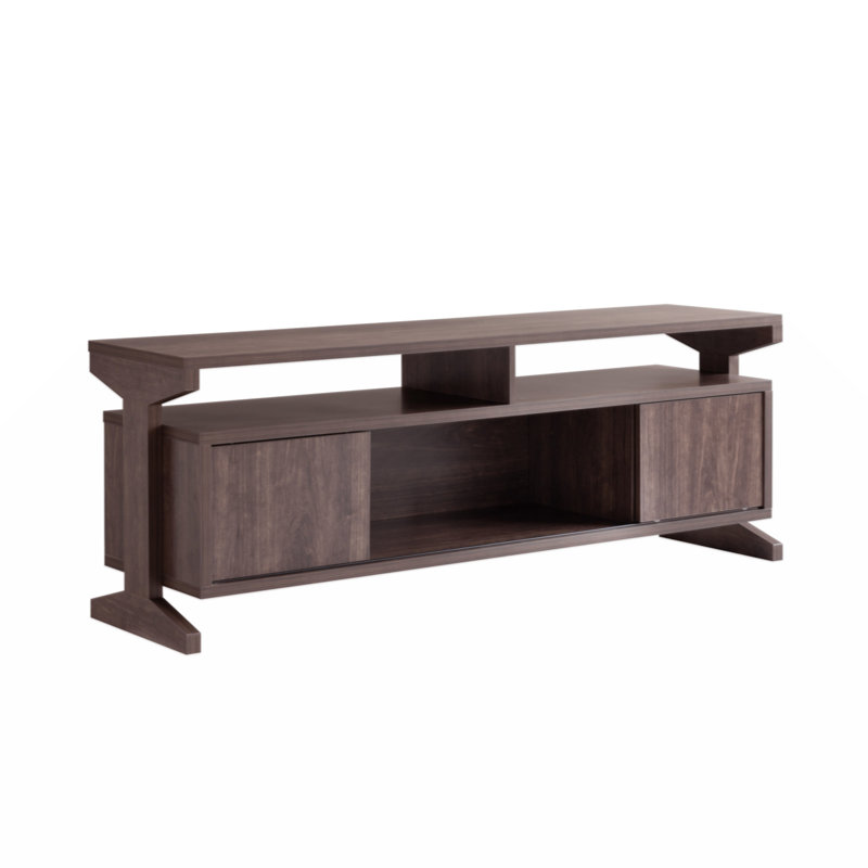 TV Stand In Brown Walnut With Sliding Doors And Five Shelves Spacious Storage For Media Consoles And Accessories, Sleek And Modern Design