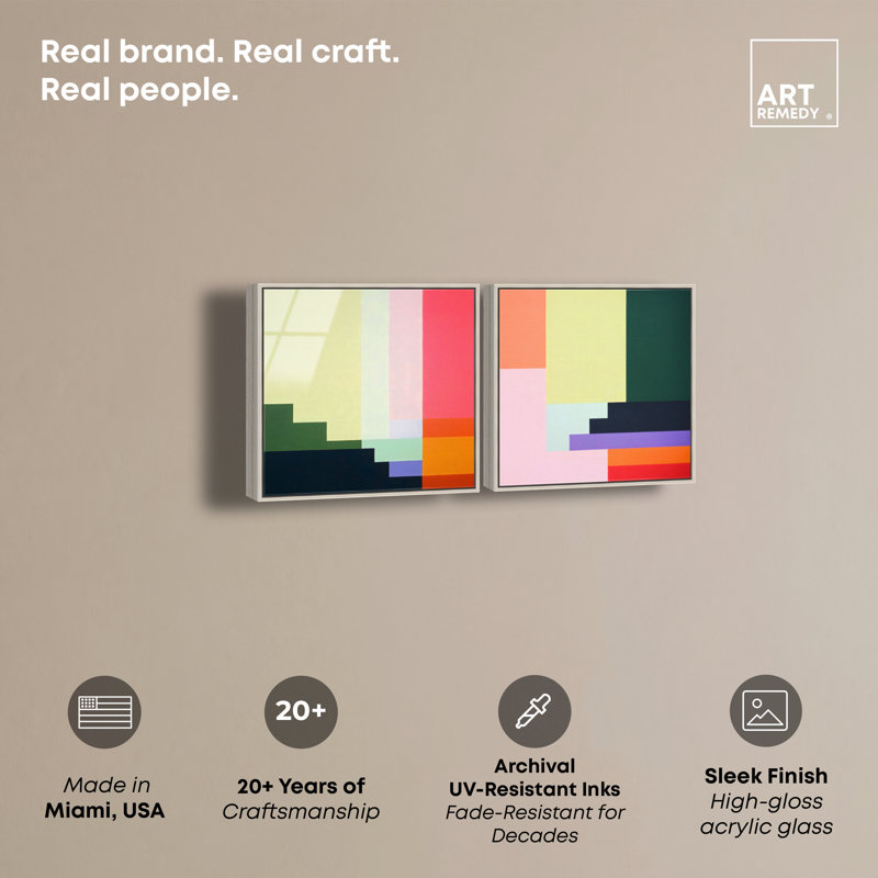 Rectangle linéaire Rhapsody Duo, reproduction d'art encadrée, ensemble d'art mural moderne par Art Remedy, cadre argenté, 12 x 12