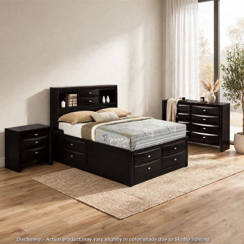 Ensemble de chambre complet, noir et nickel, ensemble 3 pièces avec commode et table de chevet