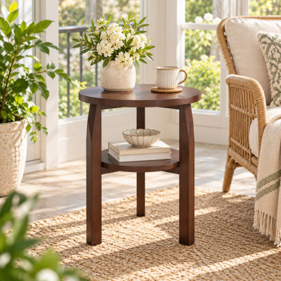 Table de bout ronde à 2 niveaux en bois massif Mirlen