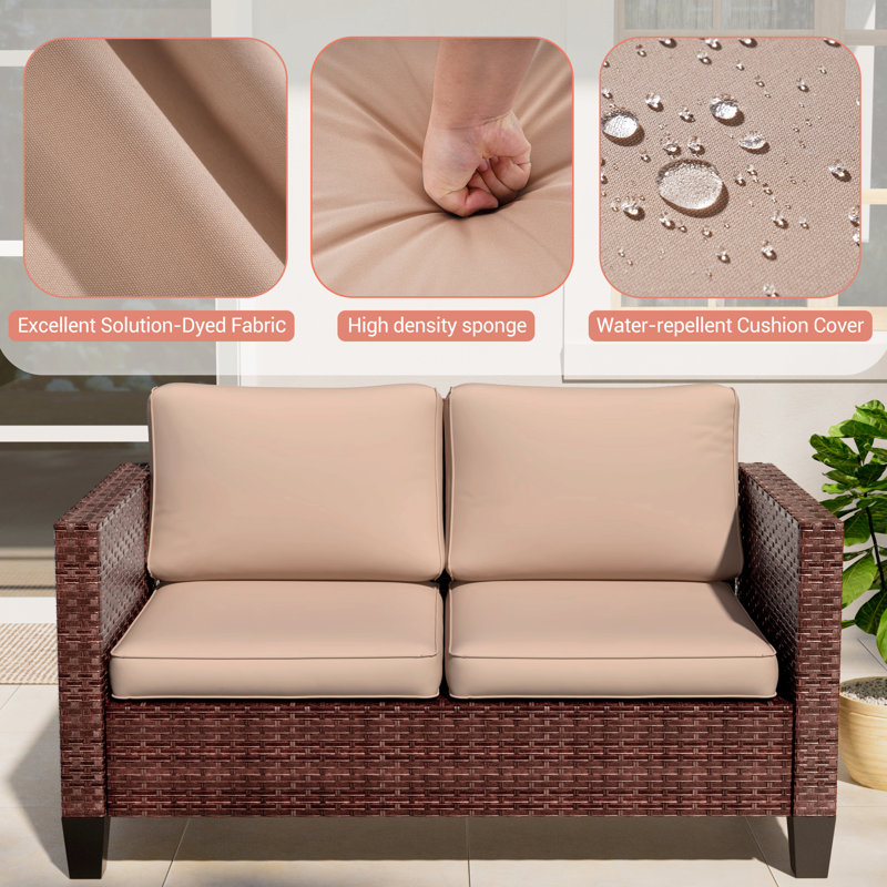 Patio Loveseat Sofa PE  Rattan Set With Thick Cushions and Sturdy Frame, Sand, Brown