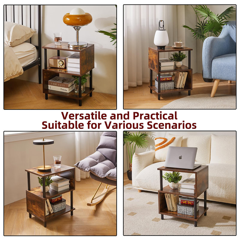 3 Tier Side Table with Storage, Dark Walnut, Rustic Brown