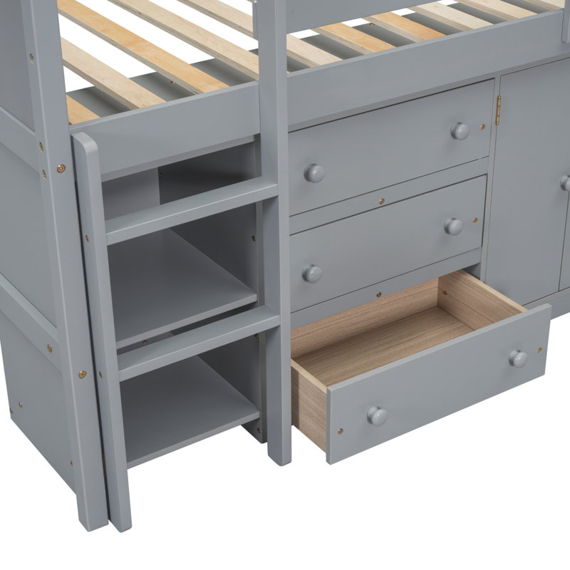 Lit mezzanine simple simple avec bureau coulissant, tiroirs, armoire et tablettes de couleur, Gris