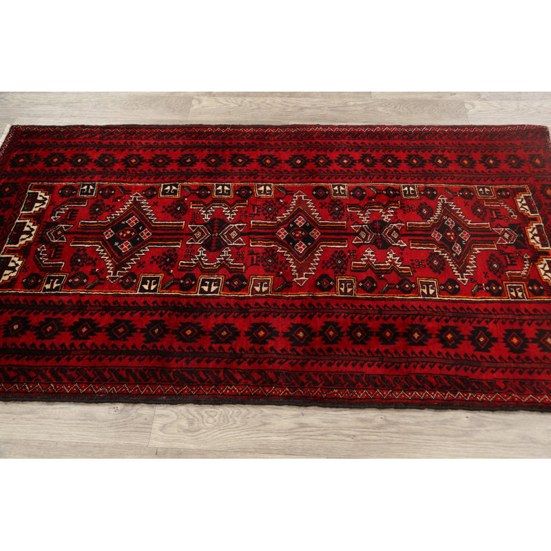 Tapis rouge en laine noué à la main de conception unique 3 pi 3 po x 6 pi 1 po Nayla