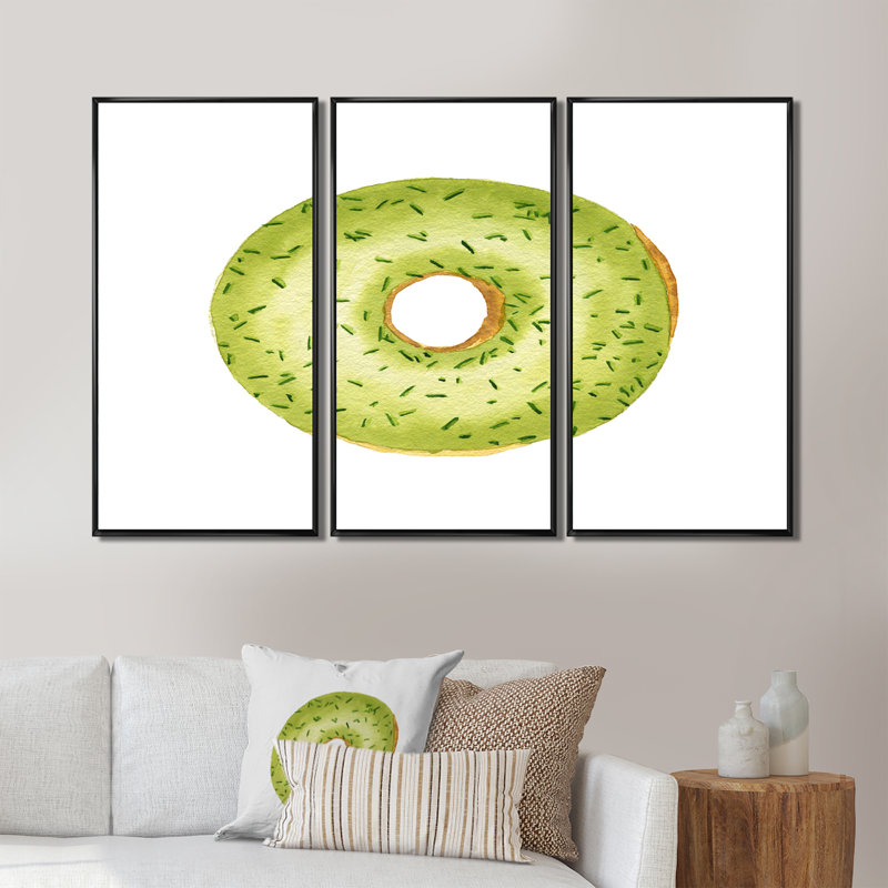 Green Donut with Sprinkles On White - 3 pièces, impression sur toile, Cadre noir, H 28 po x l 36 po