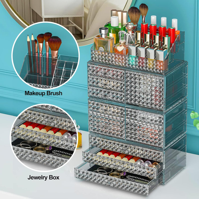 Ensemble de 4 organisateurs de maquillage empilables en acrylique avec 11 tiroirs - Rangement de cosmétiques de grande capacité pour brosses, parfums, bijoux - Présentoir polyvalent pour l'organisation de la maison et du bureau