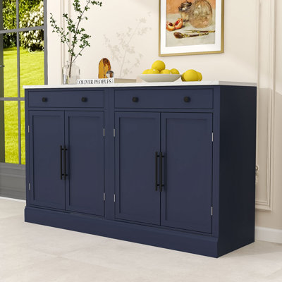 Set of 2 Freestanding Wooden Sideboard with Faux Marble Top, Adjustable Shelves and Drawer