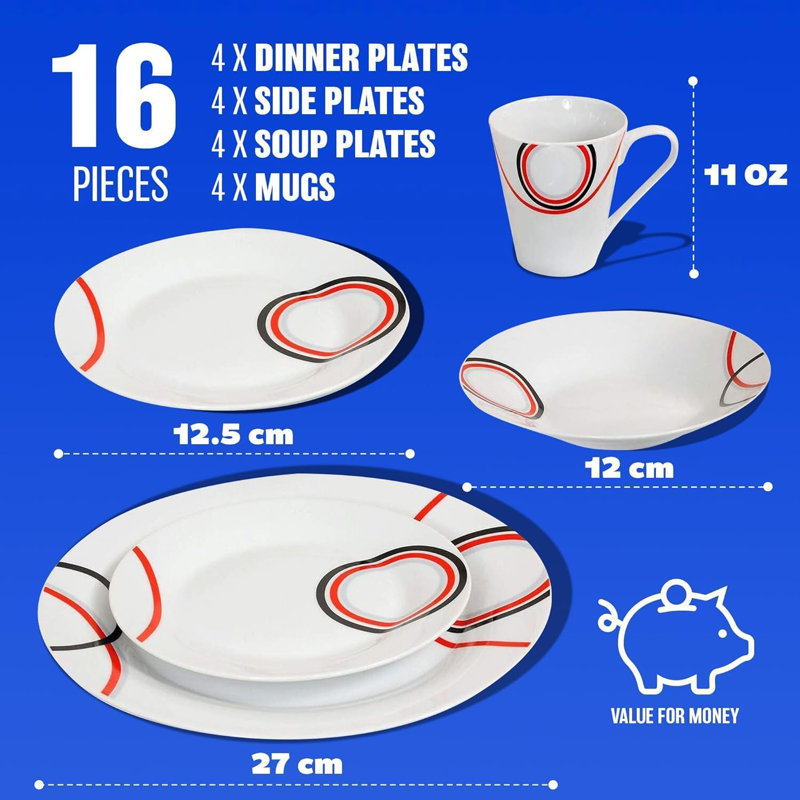 Ottalie Piece Porcelain Dinnerware Set - Service for 4