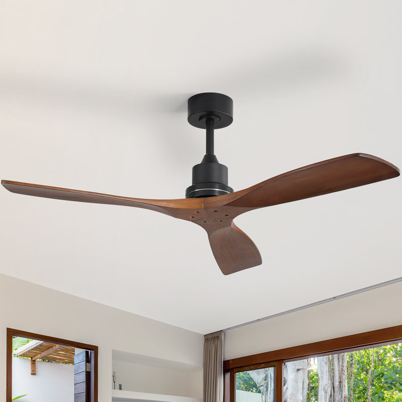 52'' Solid Wood 3-blade Modern Ceiling Fan With Remote Control And Smart App Remote Control, Black with Brown Wood Blades