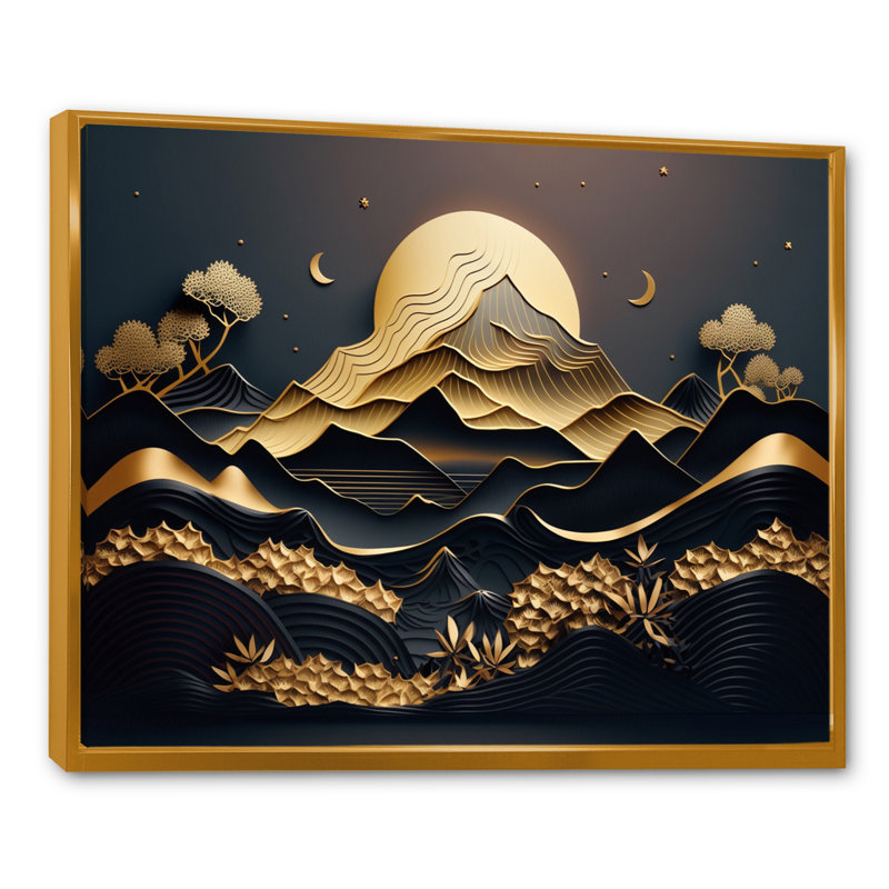 Dreamy Golden Mountain IV - Art mural encadré abstrait en marbre, H 30 po x l 40 po x P 1,5 po, Cadre flottant doré