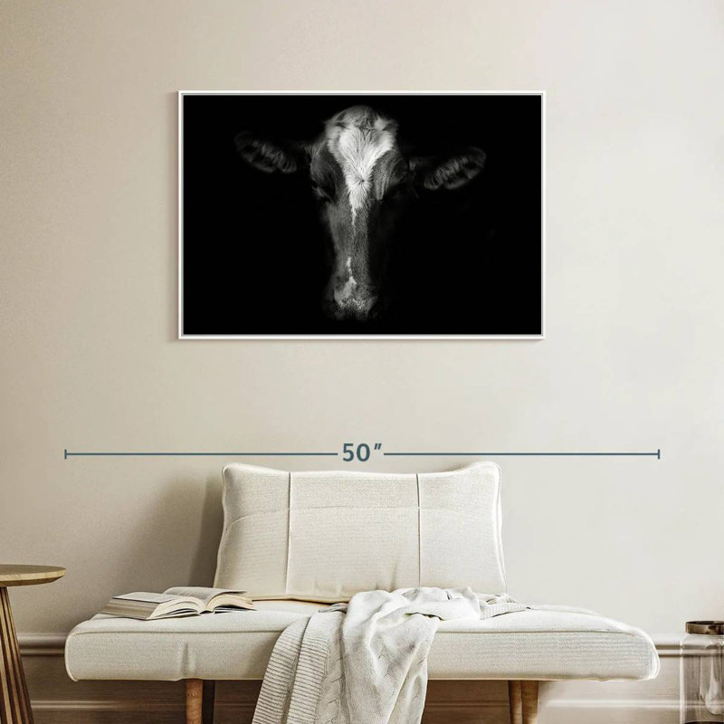 Visage de vache monochrome, Cadre flottant blanc, 37 po x 25 po