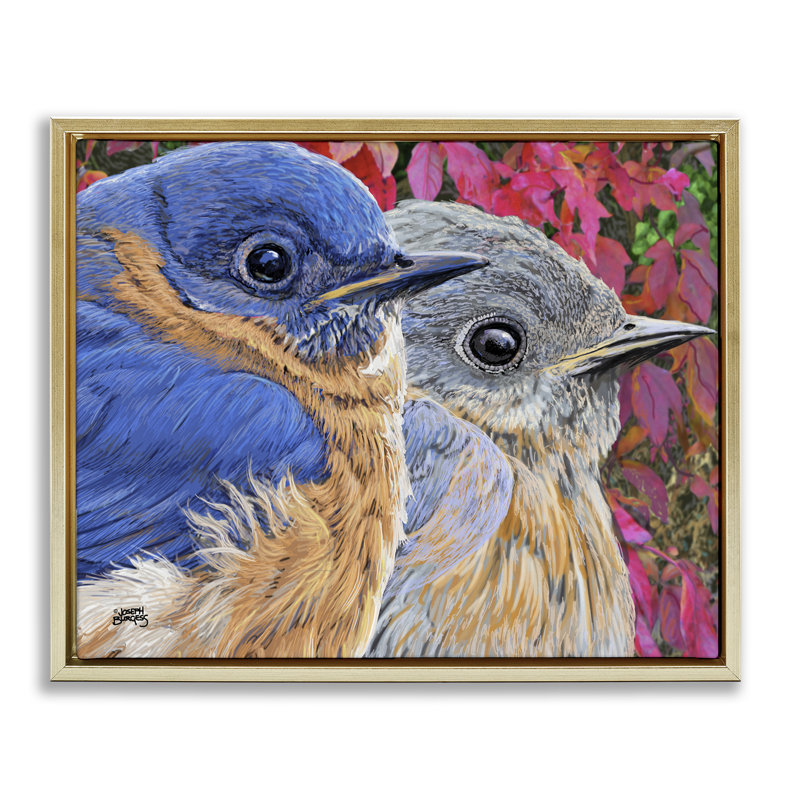 "Bluebird pair sur feuilles", art mural encadré par Joseph Burgess, H 17 po x l 21 po, Cadre flottant métallique doré