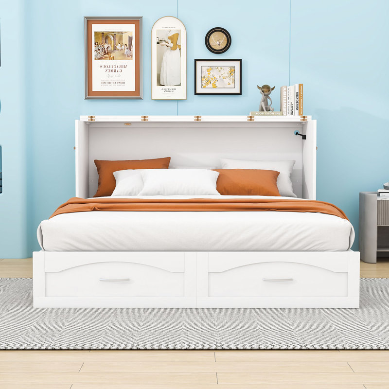 Queen Size 2 Drawers Murphy Wall Bed with Power Outlets, Pulley Design and USB Ports, Queen, White
