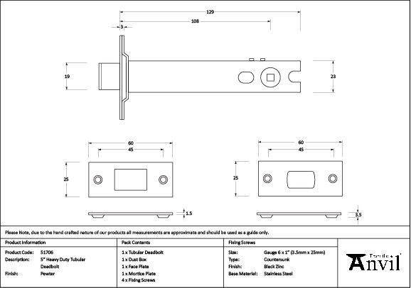 Heavy Duty Tubular Deadbolt, Pewter Patina