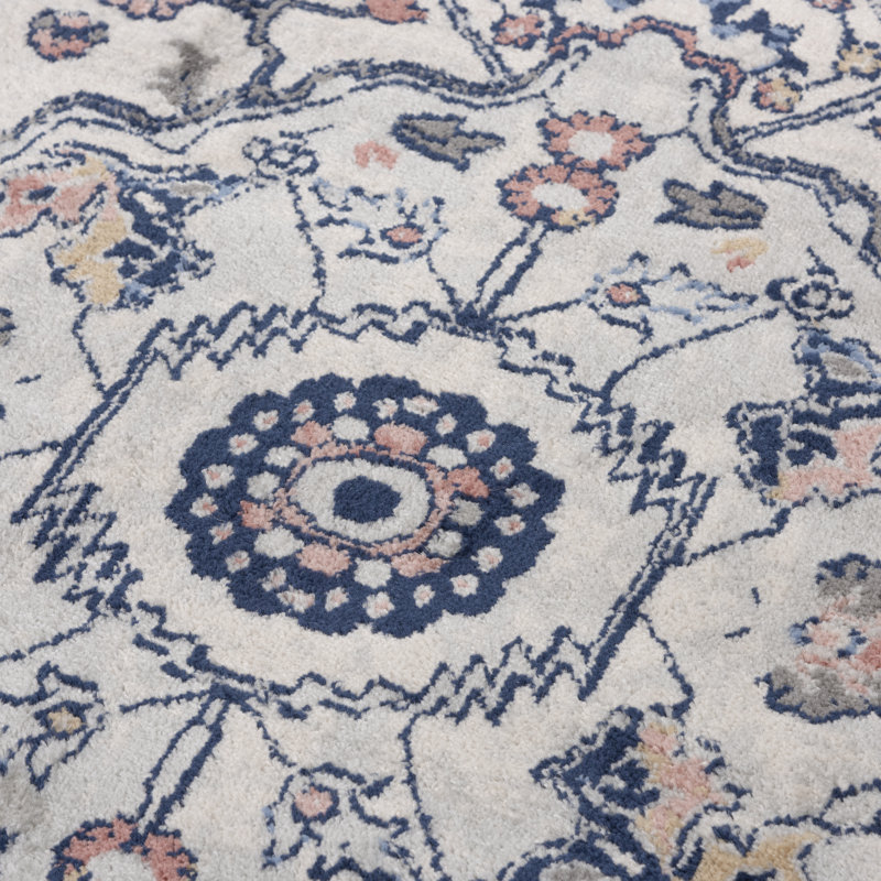 Tapis géométrique bleu / blanc en polypropylène tissé à la machine, Tapis de couloir 2 pi 6 po x 7 pi 3 po