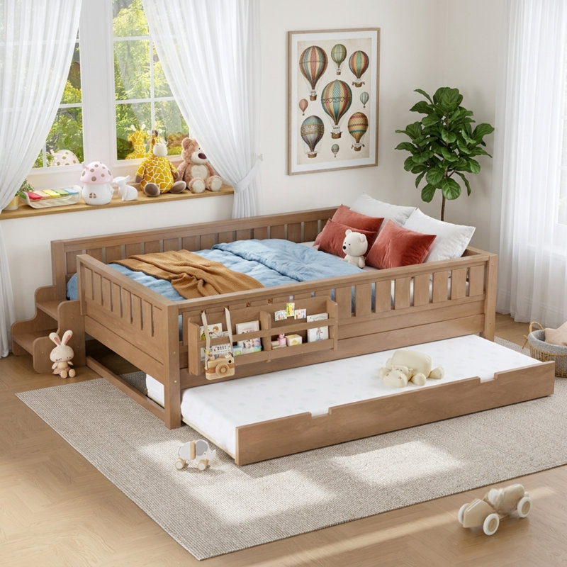 Lit pour enfant en bois massif avec lit gigogne, bibliothèque intégrée et petit escalier, lit pour tout-petit Safe Guardrail