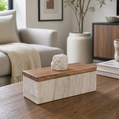 Contemporary Stone Top Rectangular Wood Keepsake Decorative Box with Lid for Home Decor - Modern Storage Organizer Accent for Entryway - 8", Gray & Brown