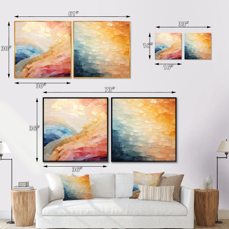 Minimalisme couleurs en harmonie - ensemble de 2 collages abstraits carrés, Cadre flottant noir, H 16 po x l 33 po