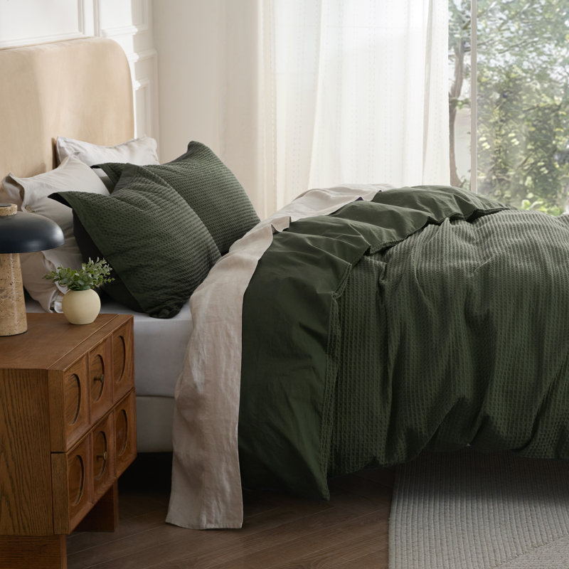  Bedsure 100% Cotton Duvet Cover King Size with Fitted Sheet - Waffle Weave Bedding Set （Set of 4）, Bronze Green