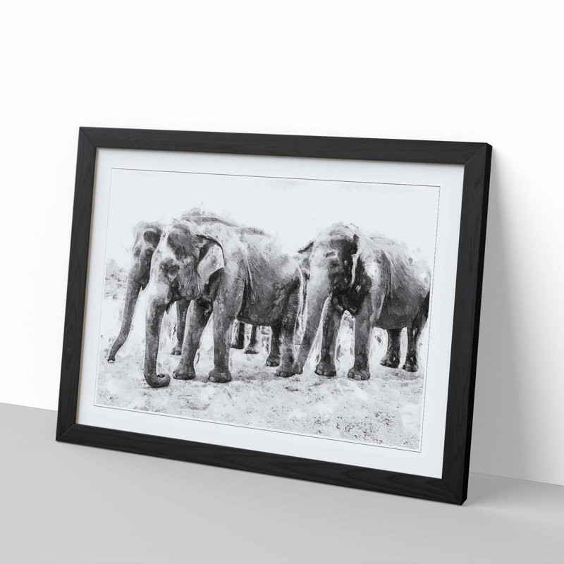 Elephants in Sri Lanka - Picture Frame Painting Print, 48cm H x 65cm W x 2cm D, Black Framed