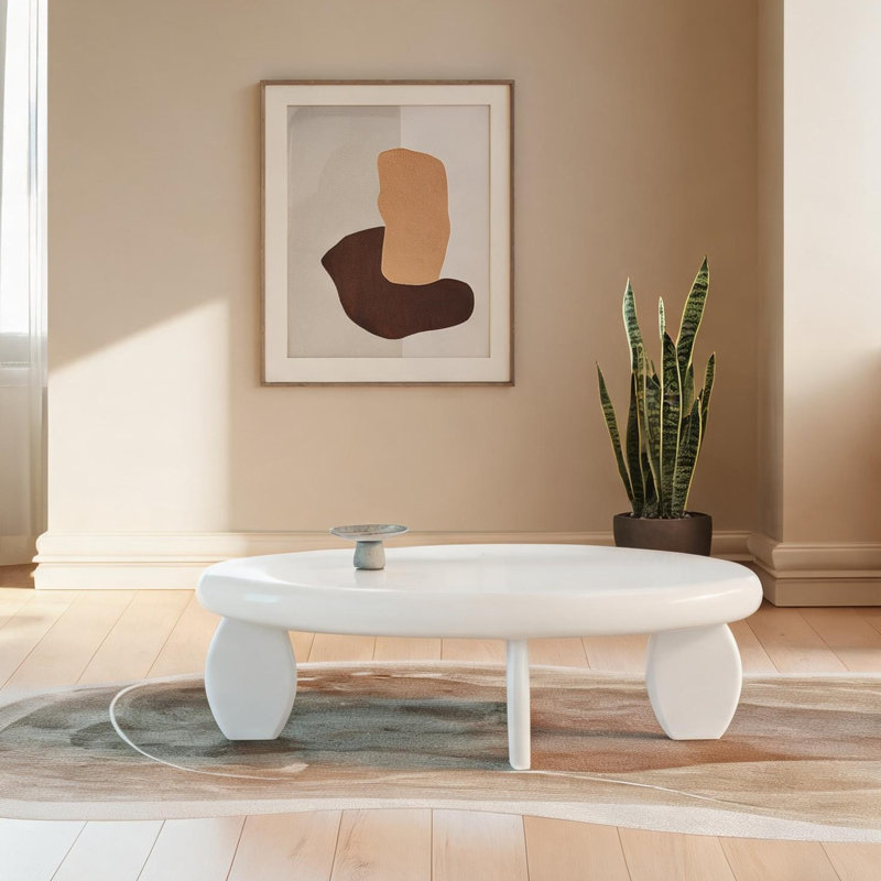 Table basse de salon, panneau de fibres à densité moyenne blanc doux, forme ovale 46 pavés avec finition ultrabrillante