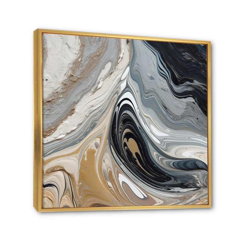 Grey Black Aqua Symphony - Abstract Canvas Art, 16" H x 16" W x 1" D, Gold Floater Framed