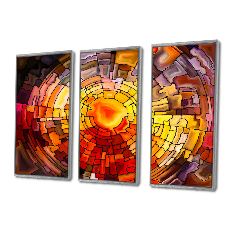 Retour de vitrail - ensemble d'art mural sur toile contemporain encadré de 3, Argent argent, H 40 po x l 60 po