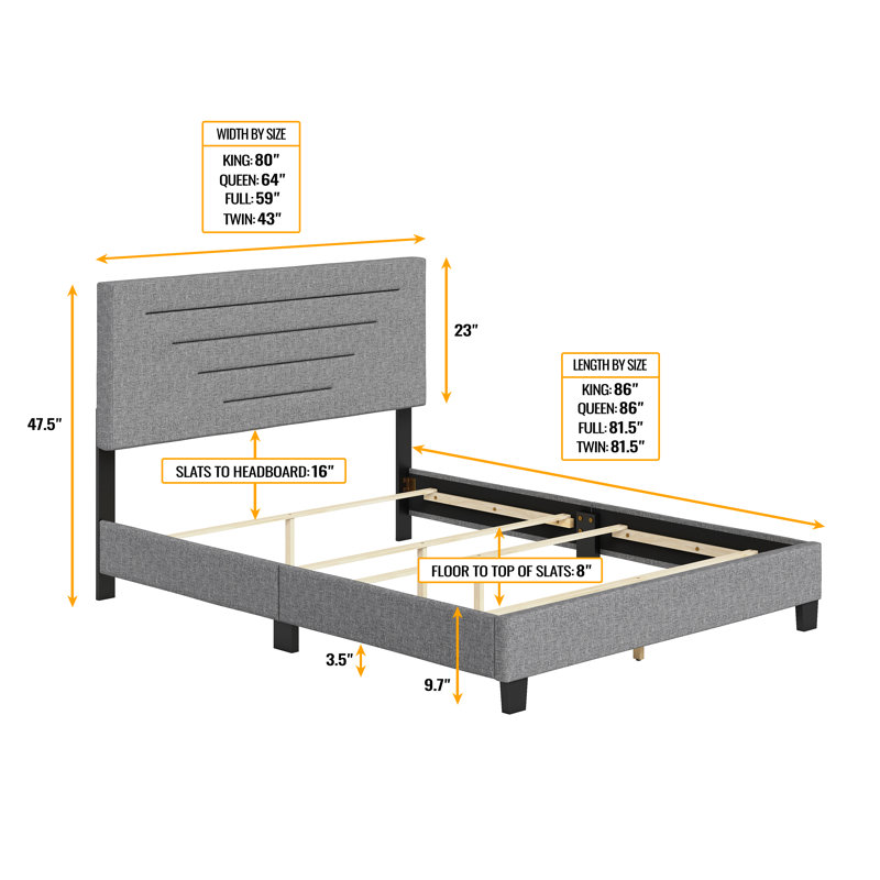 Gray Linen Upholstered Queen Platform Bed with Headboard