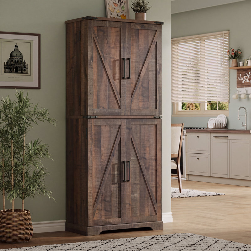 72" Farmhouse Kitchen Pantry Storage Cabinet With 12 Door Shelves, 6 Adjustable Shelves and 1 Hidden Drawer, Light Brown