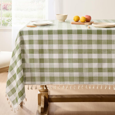 Outdoor Checkered Tablecloth, Linen Cotton Gingham Table Cloths for 6 Foot Rectangle Tables with Tassel, Heavy Duty Wrinkle Free Plaid Table Cover for Picnic Camping - 55 x 84 Inch, Sage