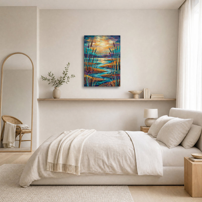Art mural sur toile bleu sarcelle et orange, H 30 po x l 20 po